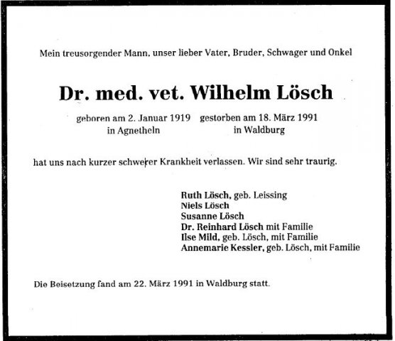 Loesch Heinrich Wilhelm 1919-1991 Todesanzeige